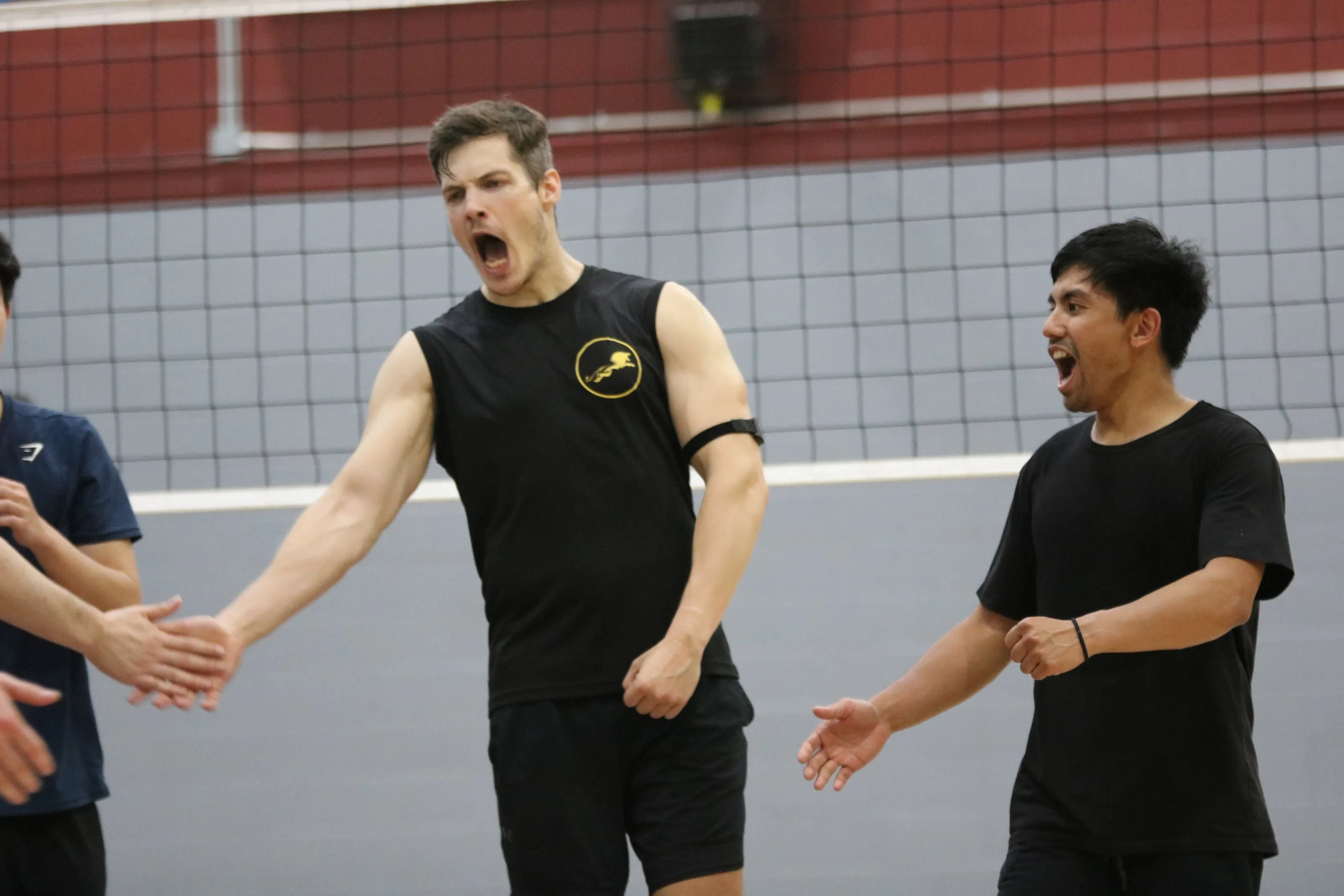 Deux joueurs du club célèbrent un point au filet pendant un entraînement